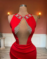 Red Sleeveless Column Beadings Stain Prom Dress with Split